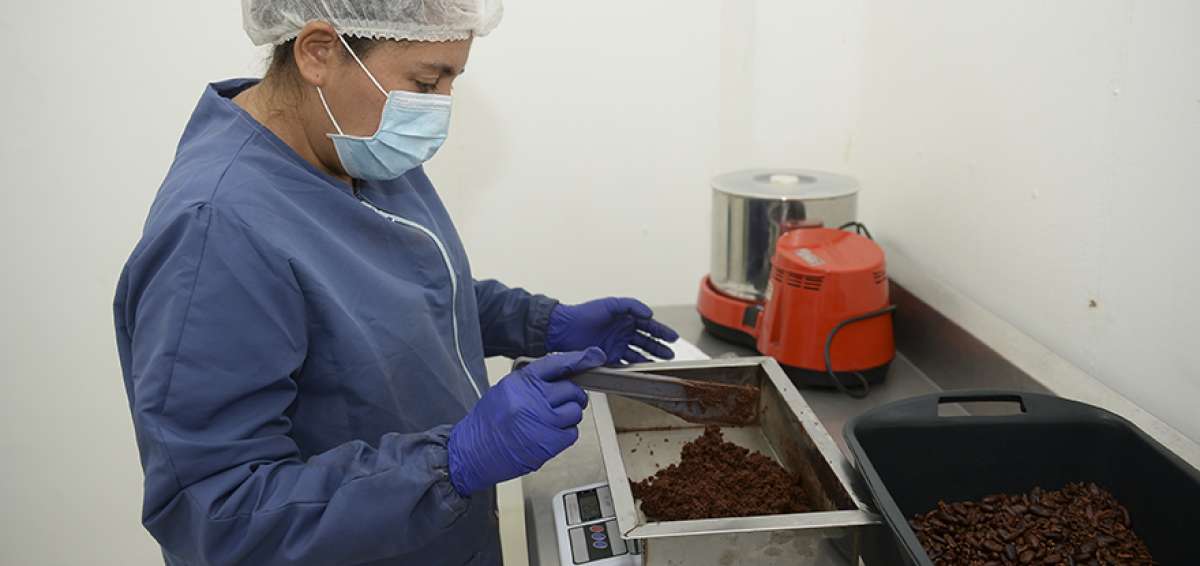 La emprendedora usa mascarilla y guantes en el laboratorio. All&iacute; coloca las pepas del fruto para secarlas.
