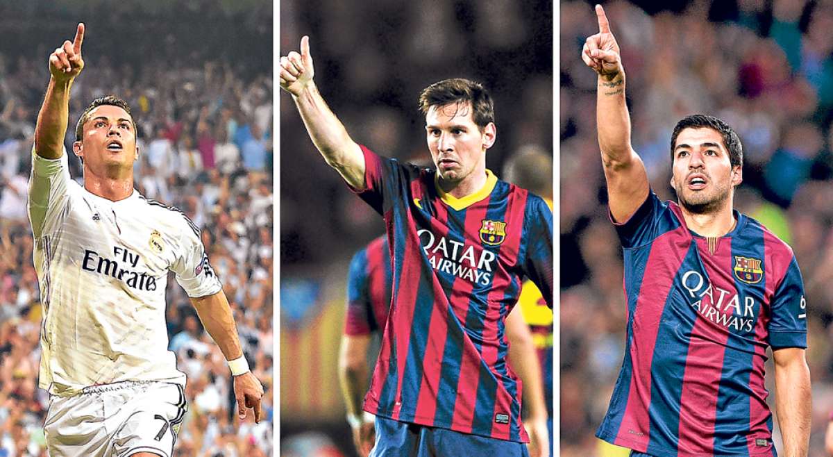 De izquierda a derecha, Cristiano Ronaldo, Lionel Messi y Luis Su&aacute;rez, los mejores jugadores de Europa en la temporada pasada. Foto: AFP