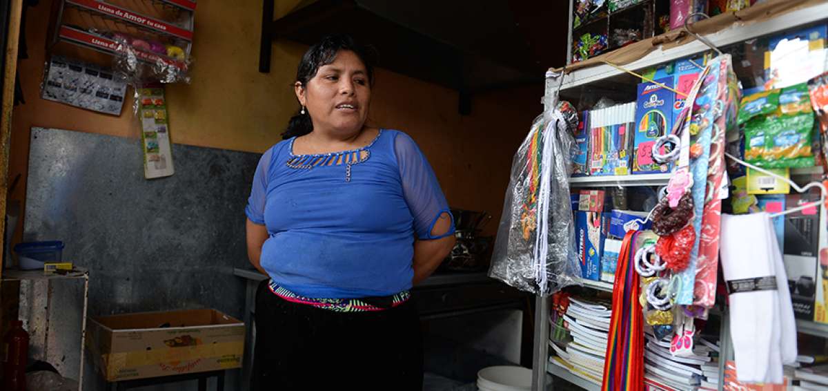 Elena Chacaguasay, oriunda de Colta, saca adelante a su familia con un peque&ntilde;o bazar donde vende &uacute;tiles escolares.   