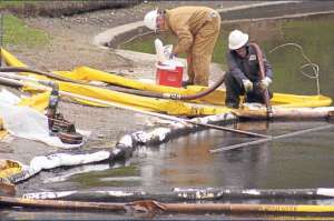 Especialistas limpian el lago contaminado por Chevron en junio de 2010. Foto: flickr.