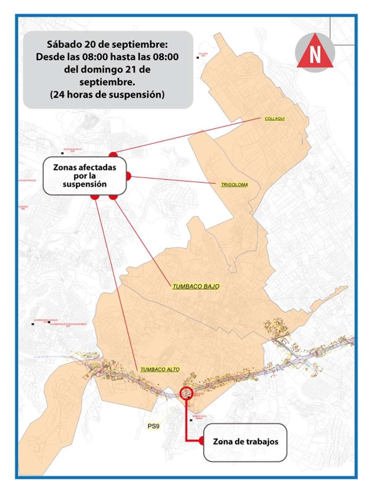 En el mapa se detallan los barrios afectados por la suspensi&oacute;n del servicio. Foto: Cortes&iacute;a Municipio de Quito