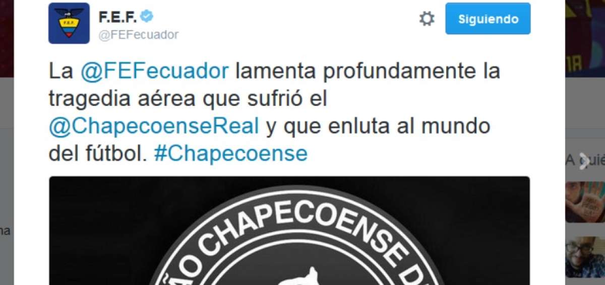 La Federaci&oacute;n Ecuatoriana de F&uacute;tbol envi&oacute; sus condolencias a trav&eacute;s de su cuenta de Twitter. 