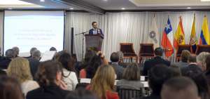 El ministro Iv&aacute;n Ontaneda durante su intervenci&oacute;n en el V Encuentro Iberoamericano de la Alianza del Pac&iacute;fico.