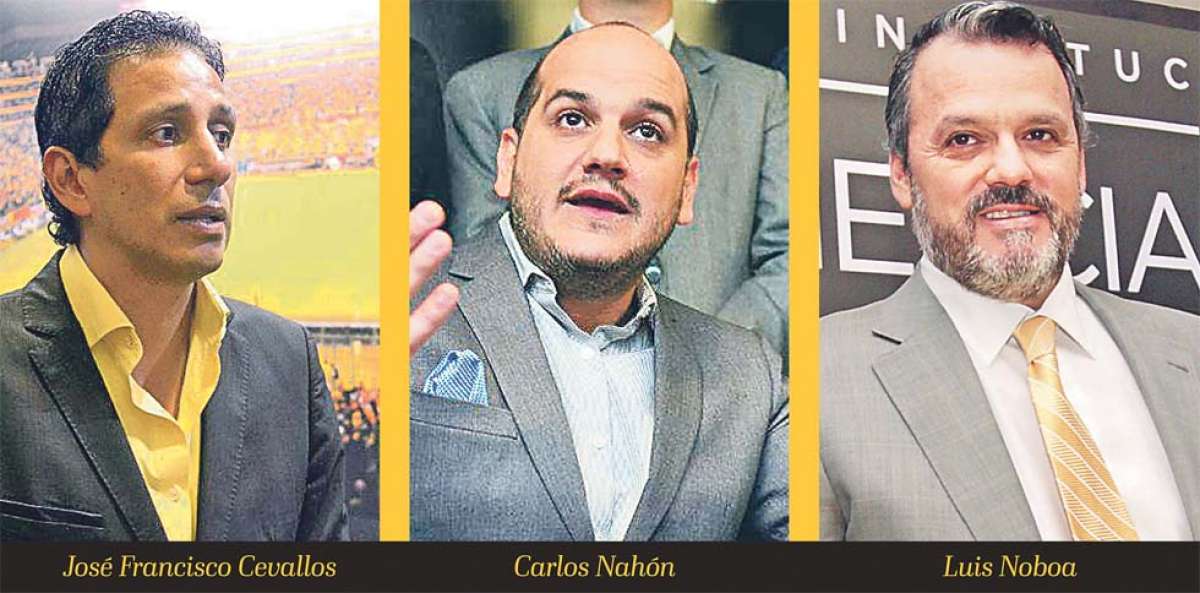 Jos&eacute; F. Cevallos (i.), Carlos Nah&oacute;n (c.) y Luis Noboa (d.), candidatos a la presidencia de Barcelona. Foto: Internet
