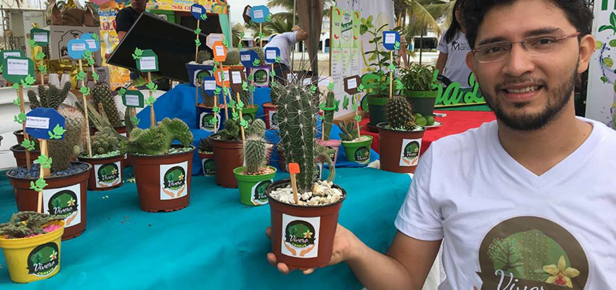 Kevin Imbaquingo cultiva cactus para interiores y ofrece charlas para que sus clientes aprendan a cuidarlos.