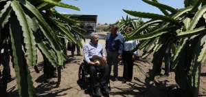 El Primer Mandatario, Len&iacute;n Moreno (izq.) dialoga con Orlin S&aacute;nchez (der.) durante su visita a una hacienda donde se siembre pitahaya de exportaci&oacute;n.