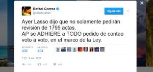 AP acepta "todo" pedido de conteo voto a voto, reitera Correa