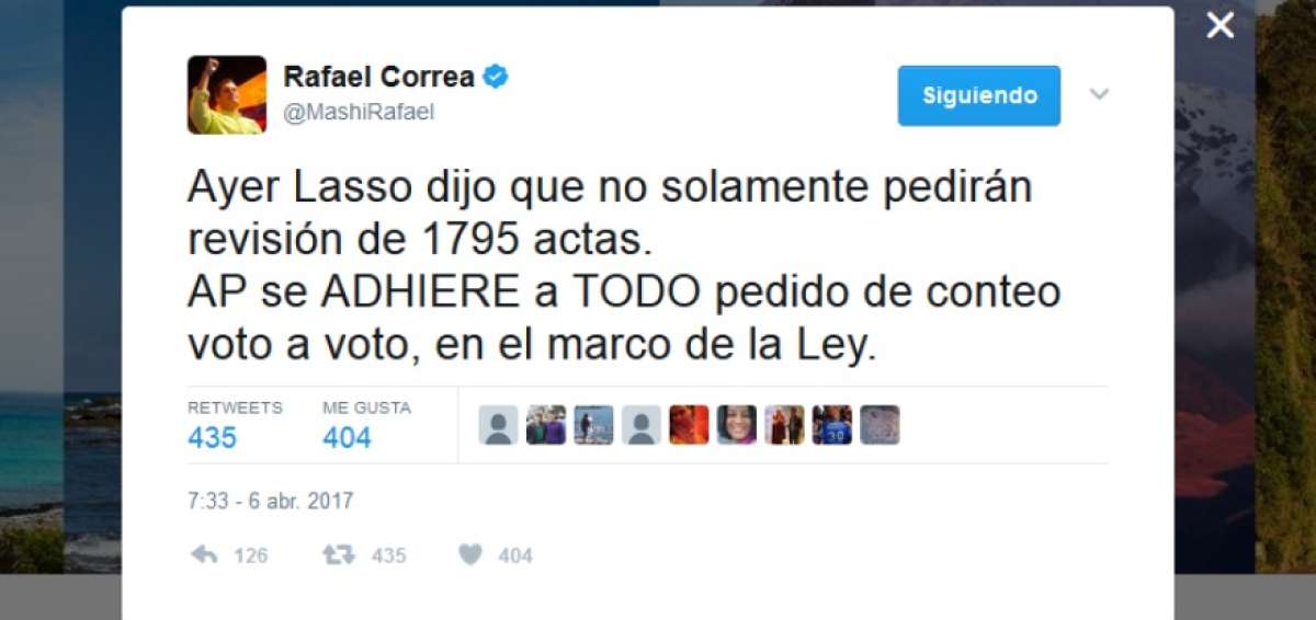 AP acepta "todo" pedido de conteo voto a voto, reitera Correa
