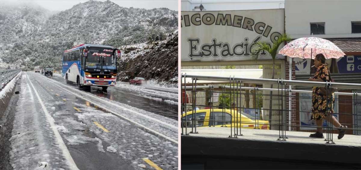 Izquierda: En Papallacta cay&oacute; nieve este mes. La temperatura en esta zona del pa&iacute;s estuvo por debajo de los cero grados. Derecha: Los habitantes de Guayaquil utilizan paraguas para protegerse del sol y cuidarse de la radiaci&oacute;n.
