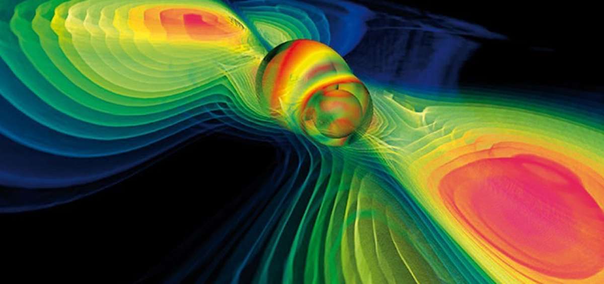 Representaci&oacute;n art&iacute;stica realizada por la LIGO de las ondas gravitacionales en una colisi&oacute;n.