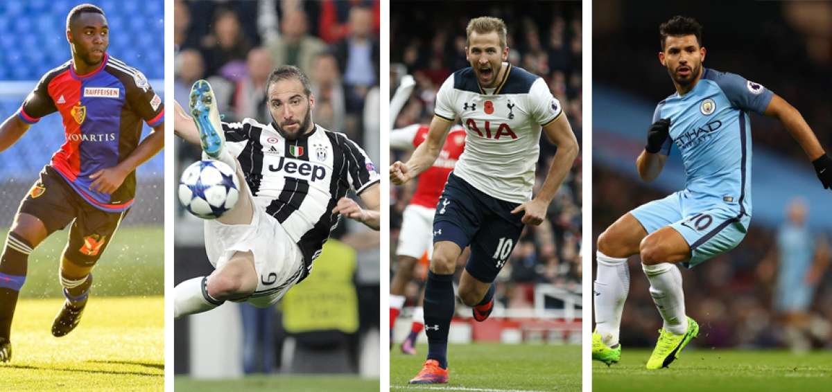De izquierda a derecha: El defensa central colombiano &Eacute;der &Aacute;lvarez Balanta, de 24 a&ntilde;os, es uno de los titulares del Basilea de Suiza.| El atacante argentino Gonzalo Higua&iacute;n, de la Juventus, convirti&oacute; dos goles en la fase de grupos, jug&oacute; cinco partidos. | Harry Kane, del Tottenham, es uno de los goleadores de la Champions League; anot&oacute; seis en la fase de grupos. | El delantero argentino Sergio Ag&uuml;ero, del Manchester City, marc&oacute; tres goles en cinco partidos de la fase de grupos.