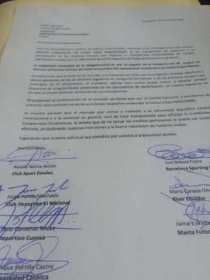 La carta firmada por 7 presidentes de clubes ecuatorianos. FOTO: @LoroHomero