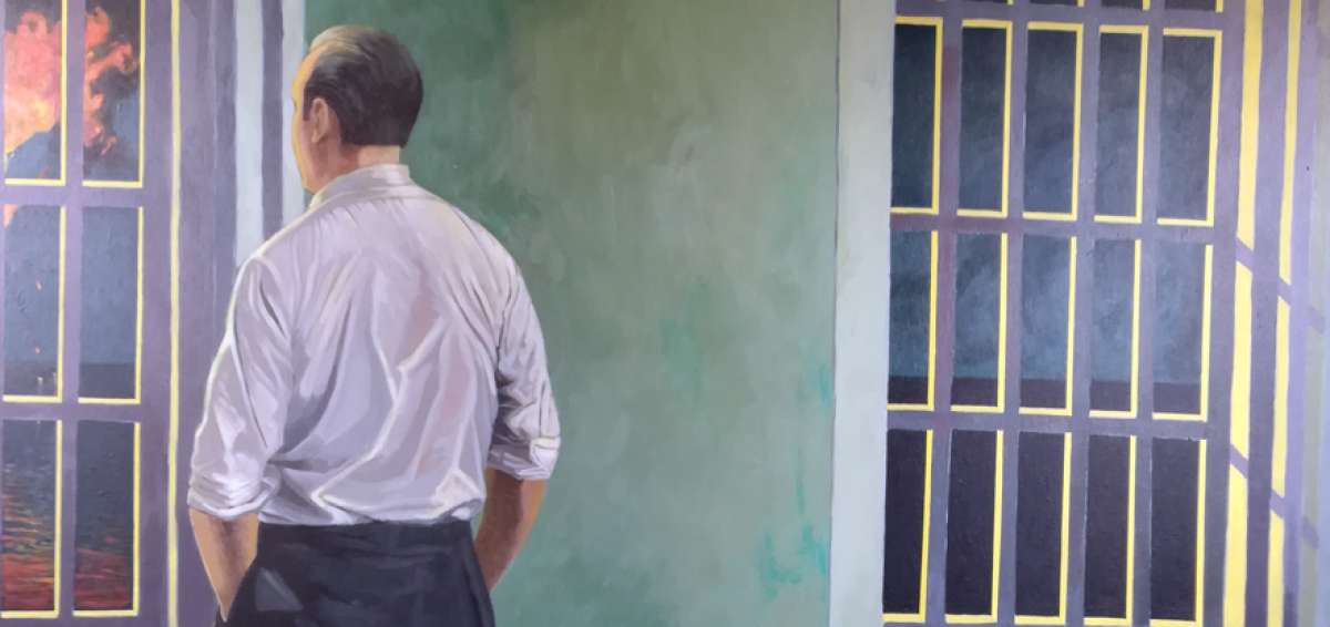La obra Piernas rotas (2017) muestra c&oacute;mo un hombre mira desde un lugar de refugio, en la profundidad de la noche, su posible proyecto fracasado. 