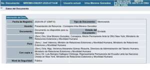 Canciller acept&oacute; renuncia de Irina Moreno a consejer&iacute;a de Ecuador ante ONU