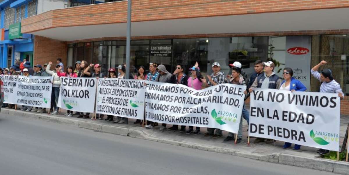 Los l&iacute;deres de los pueblos waorani llegaron a Quito para apoyar la extracci&oacute;n petrolera del Yasun&iacute;. Foto: Miguel Jim&eacute;nez / El Tel&eacute;grafo
