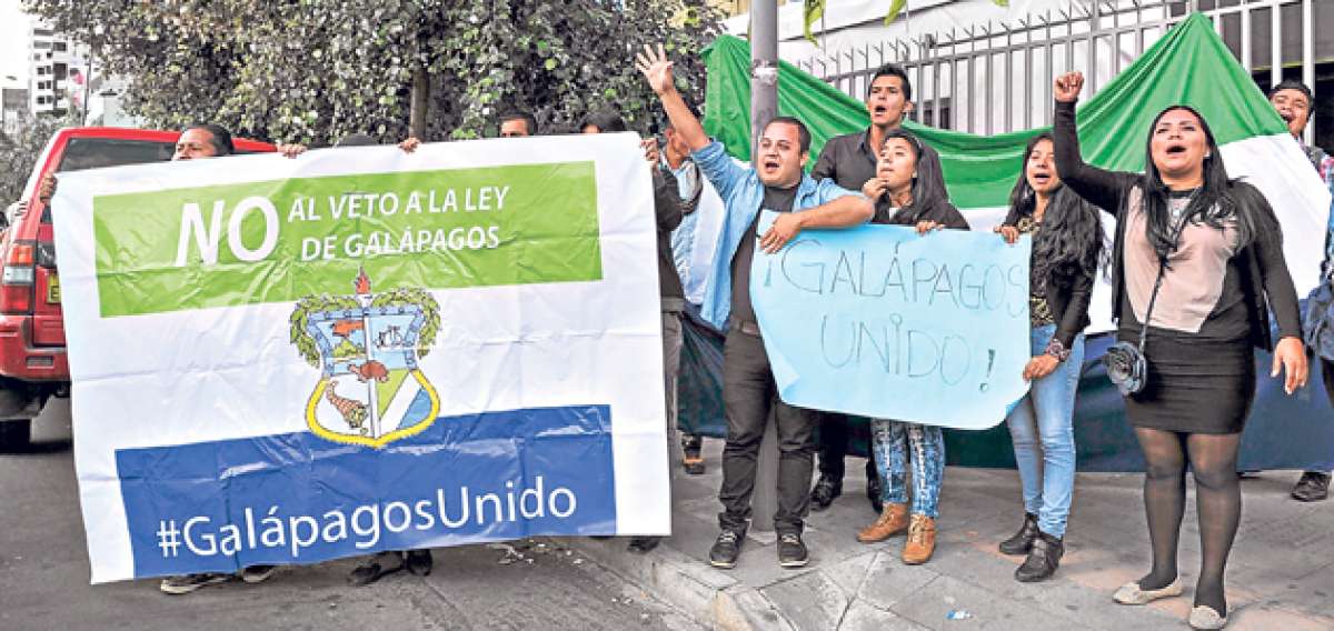 Un grupo de j&oacute;venes, oriundos de Gal&aacute;pagos, sali&oacute; a las callles para protestar por la aprobaci&oacute;n del veto presidencial. Esperan que se revea la decisi&oacute;n. Foto:  Miguel Jim&eacute;nez / El Tel&eacute;grafo 