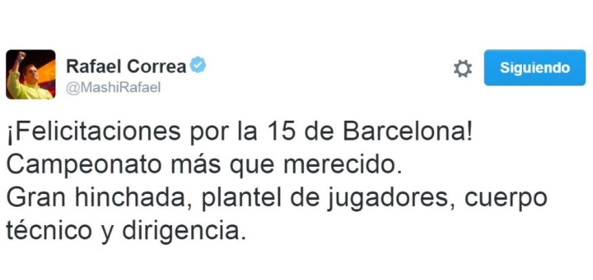 Presidente Correa felicit&oacute; a Barcelona por el campeonato