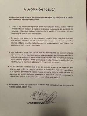Este es el comunicado oficial firmado por Edison Vega y respaldado por sus compa&ntilde;eros. Foto: Cortes&iacute;a Daniel Valencia (Ecuador TV)