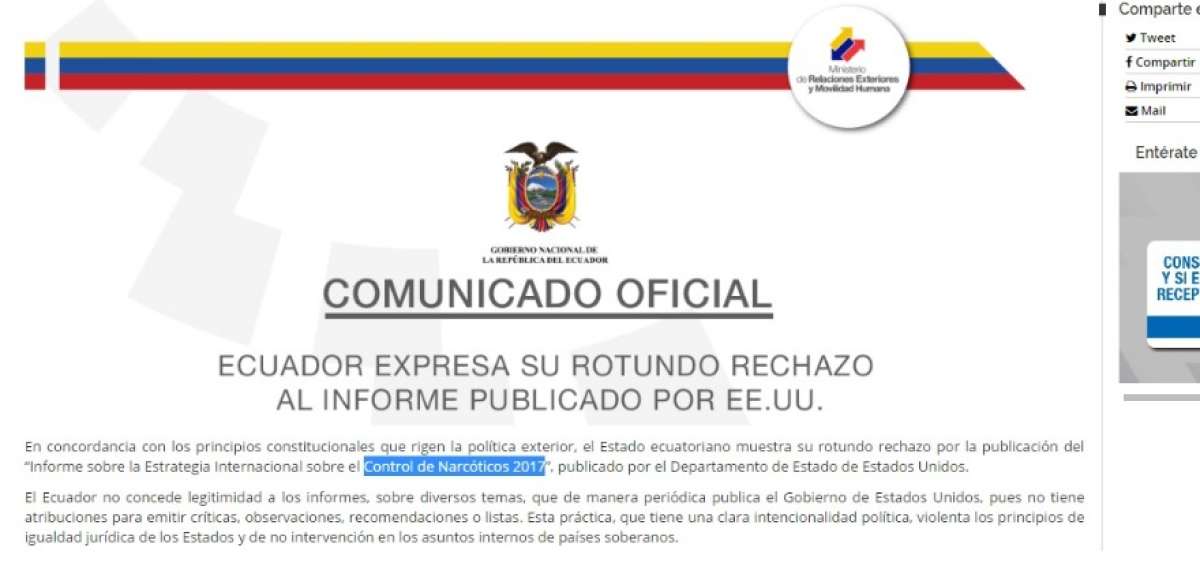 Canciller&iacute;a rechaza "Informe sobre Control de Narc&oacute;ticos 2017" publicado por EE.UU.