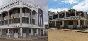 En la izquierda, antes del terremoto del 16 de abril pasado, el edificio del Municipio de Jama, cant&oacute;n perteneciente a la provincia de Manab&iacute;, era una estructura conformada por tres pisos. En la foto derecha, el movimiento tel&uacute;rico hizo que el tercer piso, en donde funcionaba el Sal&oacute;n de Actos, aplastara los 2 inferiores.
