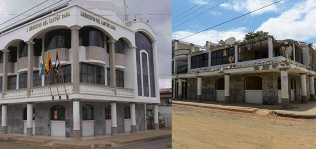 En la izquierda, antes del terremoto del 16 de abril pasado, el edificio del Municipio de Jama, cant&oacute;n perteneciente a la provincia de Manab&iacute;, era una estructura conformada por tres pisos. En la foto derecha, el movimiento tel&uacute;rico hizo que el tercer piso, en donde funcionaba el Sal&oacute;n de Actos, aplastara los 2 inferiores.
