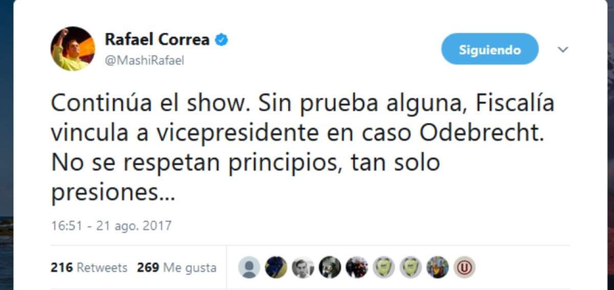 Correa dice que se intenta vincular a Glas en caso Odebrecht "sin prueba alguna"