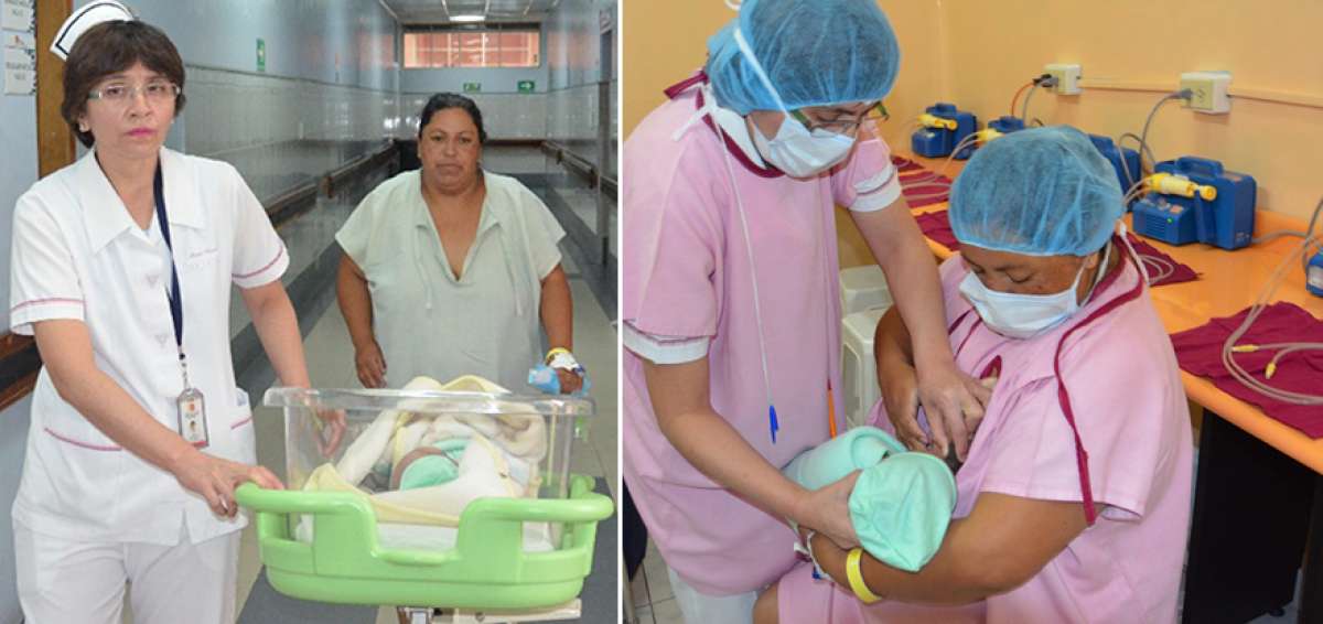 Norma Torres (izq.) camina al Banco de Leche con la ayuda de una enfermera de esa instituci&oacute;n. Torres, con la ayuda de la enfermera Mar&iacute;a Osorio, da de lactar a su hijo. 