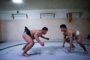 Dos luchadores de sumo se entrenan en un club deportivo de Mongolia. FOTO: AFP