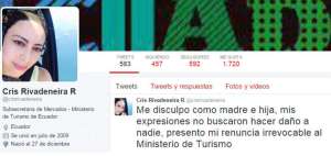 Captura del mensaje de la funcionaria en la red social Twitter. 