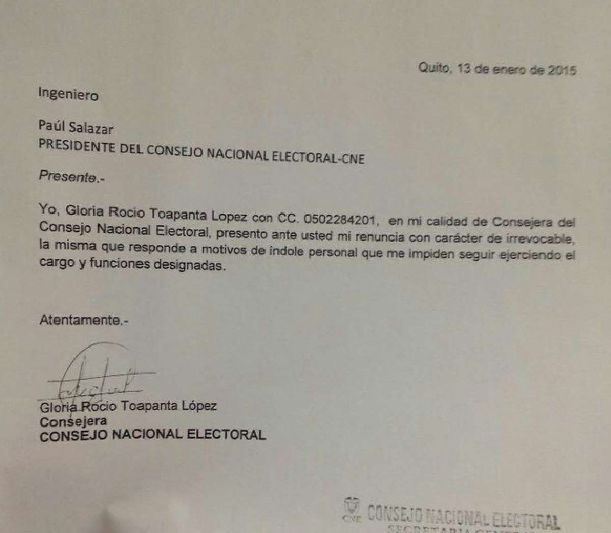 Vocal principal del CNE argumenta "motivos de &iacute;ndole personal" a su renuncia irrevocable