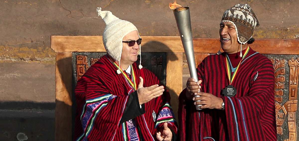 El presidente de Bolivia, Evo Morales, y el secretario general de Odesur, Camilo P&eacute;rez, participaron en la ceremonia que se realiz&oacute; en la antigua ciudad de Tihuanaco.