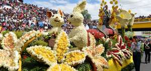Los carros aleg&oacute;ricos que se muestran en los desfiles de la FFF son obras elaboradas con flores y frutas de la regi&oacute;n. Armarlos demora varias semanas.