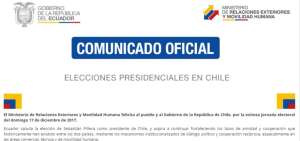 Ecuador saluda a Sebasti&aacute;n Pi&ntilde;era, nuevo presidente de Chile