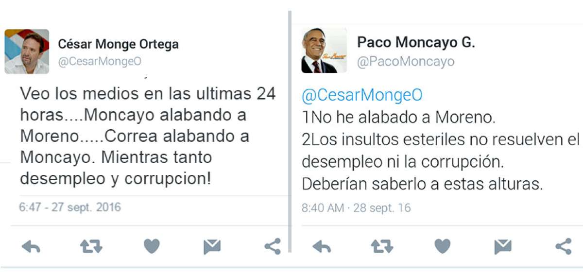 La respuesta de Paco Moncayo a C&eacute;sar Monge fue eliminado minutos despu&eacute;s.