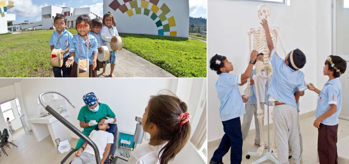 En la gr&aacute;fica superior, un grupo de ni&ntilde;os waoranis ensaya danzas y melod&iacute;as ancestrales. Esta actividad es complementaria en sus clases diarias, con el fin de fortalecer su identidad.| En el extremo derecho, tres chicos de niveles iniciales aprenden sobre las funciones del sistema &oacute;seo en el laboratorio de anatom&iacute;a. Hasta este espacio llegan cada semana alumnos de diferentes edades.| Cada semana, m&eacute;dicos del centro sanitario de To&ntilde;e eval&uacute;an la salud de los estudiantes. Entre los servicios que brinda el personal de la unidad est&aacute;n el odontol&oacute;gico y el de medicina general.