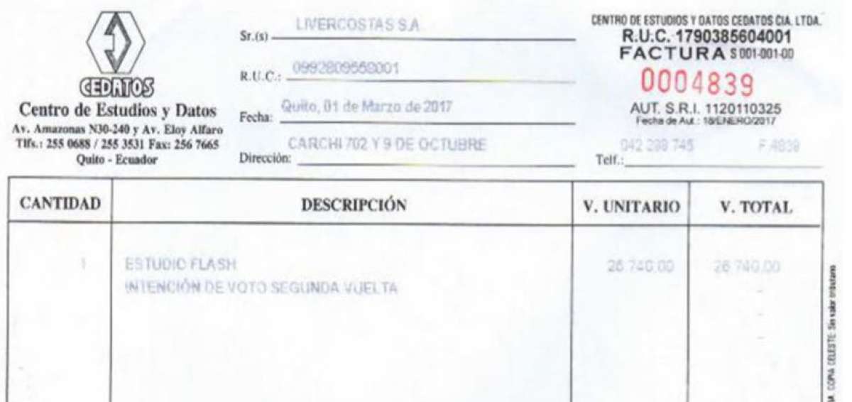 El portal electr&oacute;nico public&oacute; una factura en la que supuestamente la empresa dirigida por Correa Calder&oacute;n pag&oacute; a Cedatos. 