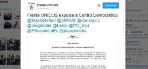 Frente Unidos expulsa a Centro Democr&aacute;tico tras pactar con Paco Moncayo