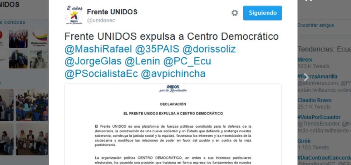 Frente Unidos expulsa a Centro Democr&aacute;tico tras pactar con Paco Moncayo