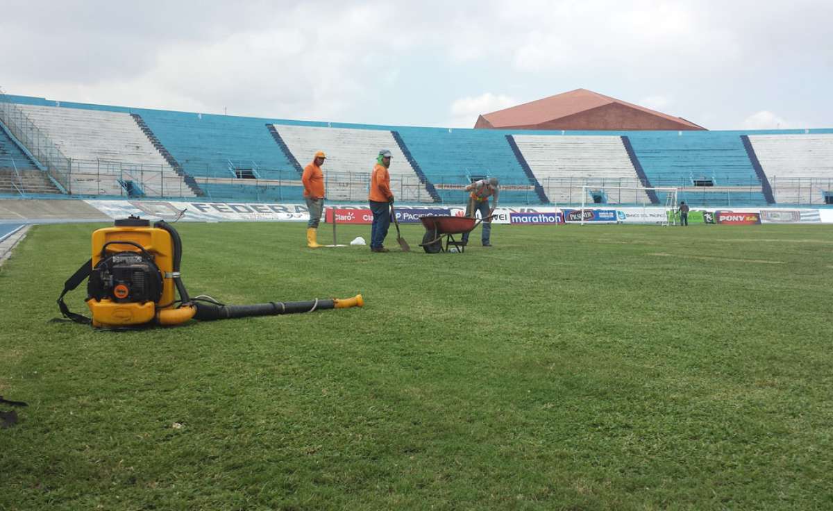Se han utilizado 10 metros cuadrados para parchar zonas afectadas del c&eacute;sped del estadio Modelo. Foto: @dandreamaiquema