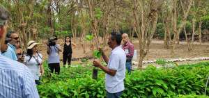 Mostrando un peque&ntilde;o &aacute;rbol de Fern&aacute;n S&aacute;nchez, Jaime Lagos explica la importancia de los viveros en la conservaci&oacute;n del bosque tropical seco.