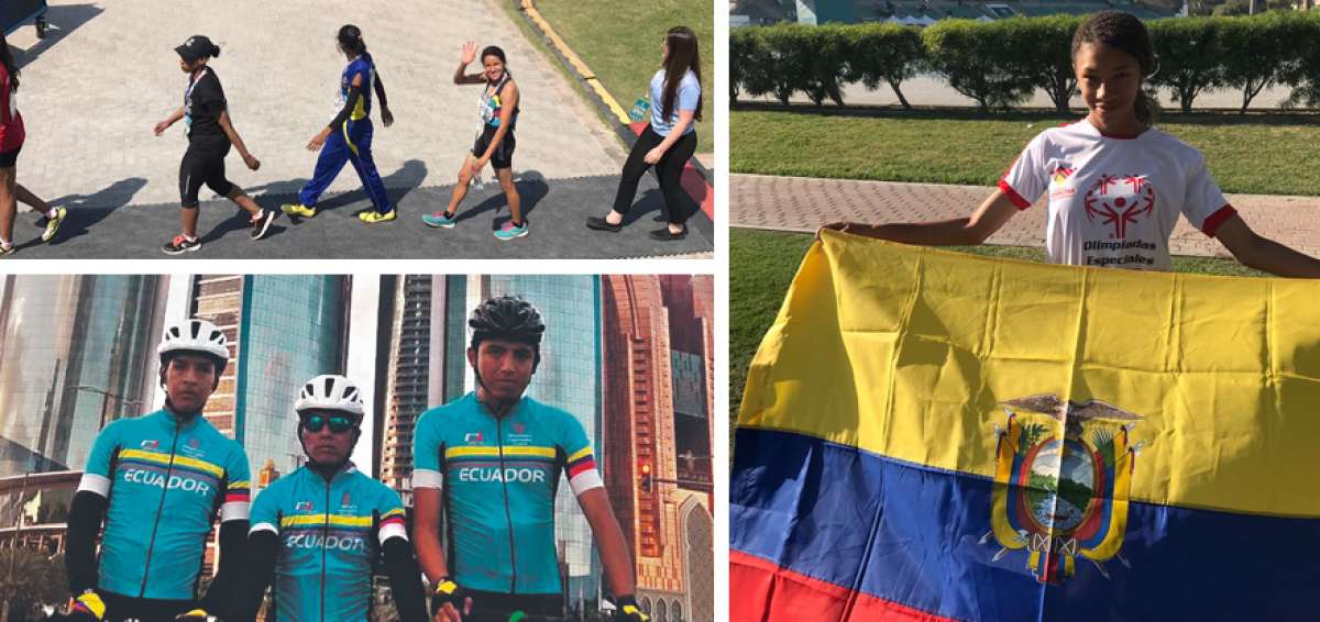 Arriba izq.: Una parte de la delegaci&oacute;n ecuatoriana se dirige a un entrenamiento antes del inicio de los Juegos en Abu Dabi. Abajo izq.: (De izquierda a derecha) David Arellano, Juan Proa&ntilde;o y Pa&uacute;l Criollo representar&aacute;n al pa&iacute;s en ciclismo. Der.: Mariana Torres, integrante del equipo de atletismo, muestra la bandera de Ecuador luego de un entrenamiento.
