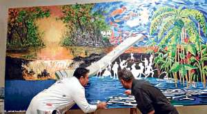 El mural, llamado Tiempo de Cosecha, es obra de los artistas Agust&iacute;n Pati&ntilde;o y R&oacute;mulo Santana. Foto: Kimberly Ch&eacute;vez / Uleam