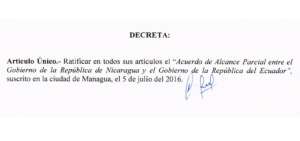 Decreto Ejecutivo ratifica negociaci&oacute;n del Acuerdo de Alcance Parcial Ecuador-Nicaragua
