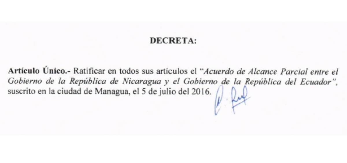 Decreto Ejecutivo ratifica negociaci&oacute;n del Acuerdo de Alcance Parcial Ecuador-Nicaragua