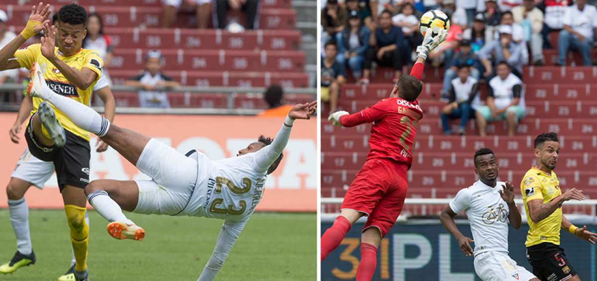 Byron Castillo (i), de Barcelona y Fernando Guerrero, de Liga, disputan el control de la pelota. El portero argentino Adri&aacute;n Gabbarini (i) fue una de las figuras de Liga de Quito