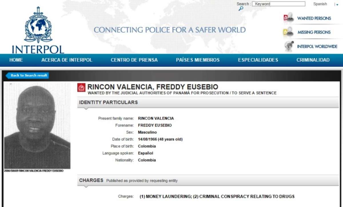 Captura de la orden de detenci&oacute;n de Rinc&oacute;n publicada en la web de la Interpol.