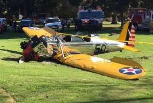 TMZ public&oacute; una imagen de la nave biplaza que supuestamente pilotaba Ford parcialmente destruida sobre uno de los hoyos del campo Penmar. 