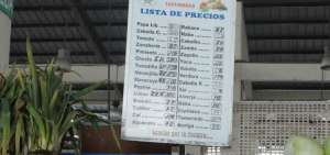 Un listado de precios en el mercado central de Guayaquil. Algunos precios fueron modificados.