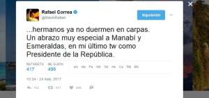 Correa dedica sus &uacute;ltimos tuits como Presidente a los damnificados por el terremoto