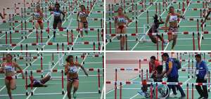  Maribel Caicedo toca con su pie la pen&uacute;ltima valla. 2. Producto del impacto pierde el equilibrio y cae a la pista. 3. &ldquo;Estrellita&rdquo; queda paralizada en el piso con sus manos en el rostro, ya fuera de la prueba. 4. Personal de los Juegos saca a la atleta &ldquo;tricolor&rdquo; en silla de ruedas.